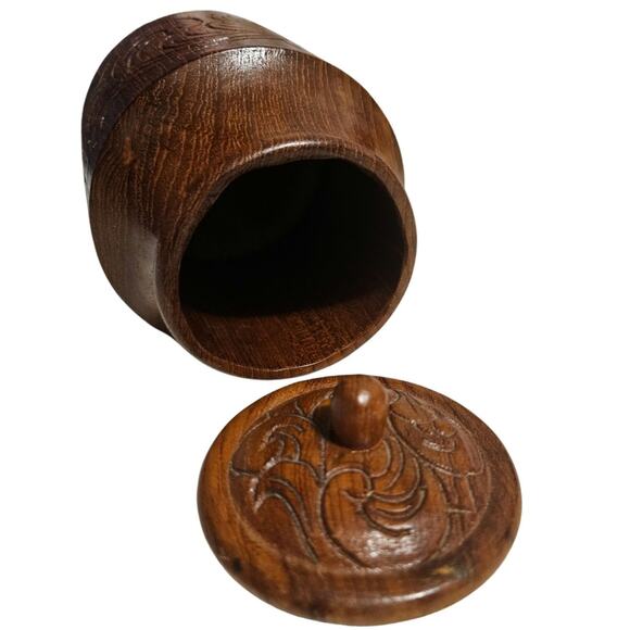 1960s Teak Wood Hand Carved Tea Canister With Lid Round Container Tiki Jar - Picture 2 of 7